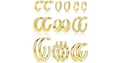 9 Pairs Gold Hoop Earrings Set on Amazon