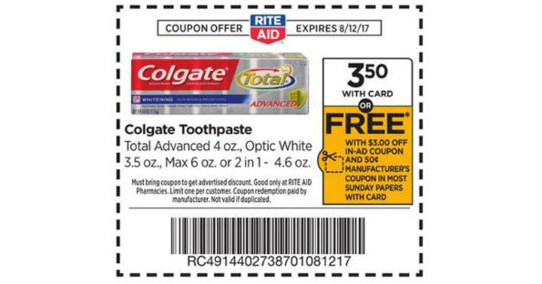 FREE Colgate Total Toothpaste At Rite Aid Printable Coupons