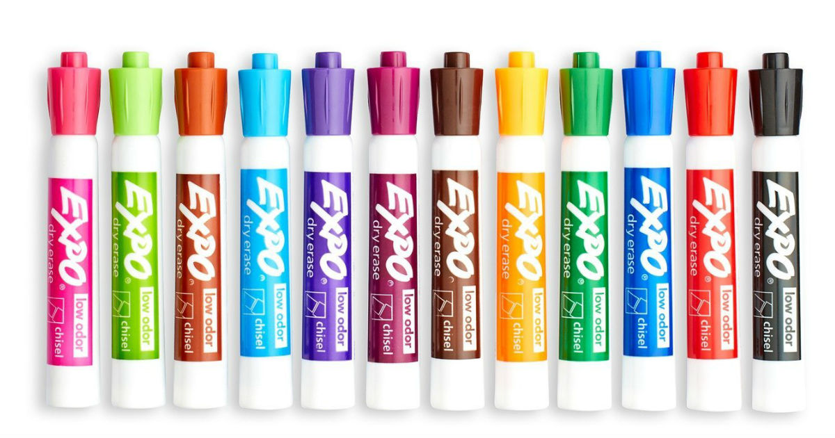 EXPO Low Odor Dry Erase Markers, Chisel Tip, Assorted Colors, 12