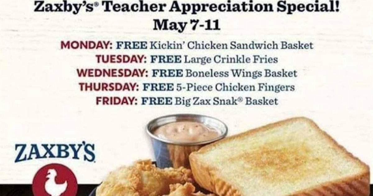 Teachers Eat Free All Week at Zaxby's Free Product Samples