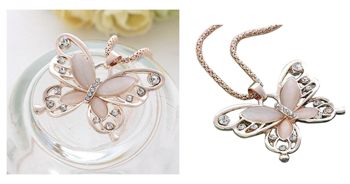 Lady Rose Gold Opal Butterfly Pendant Necklace ONLY $2.39