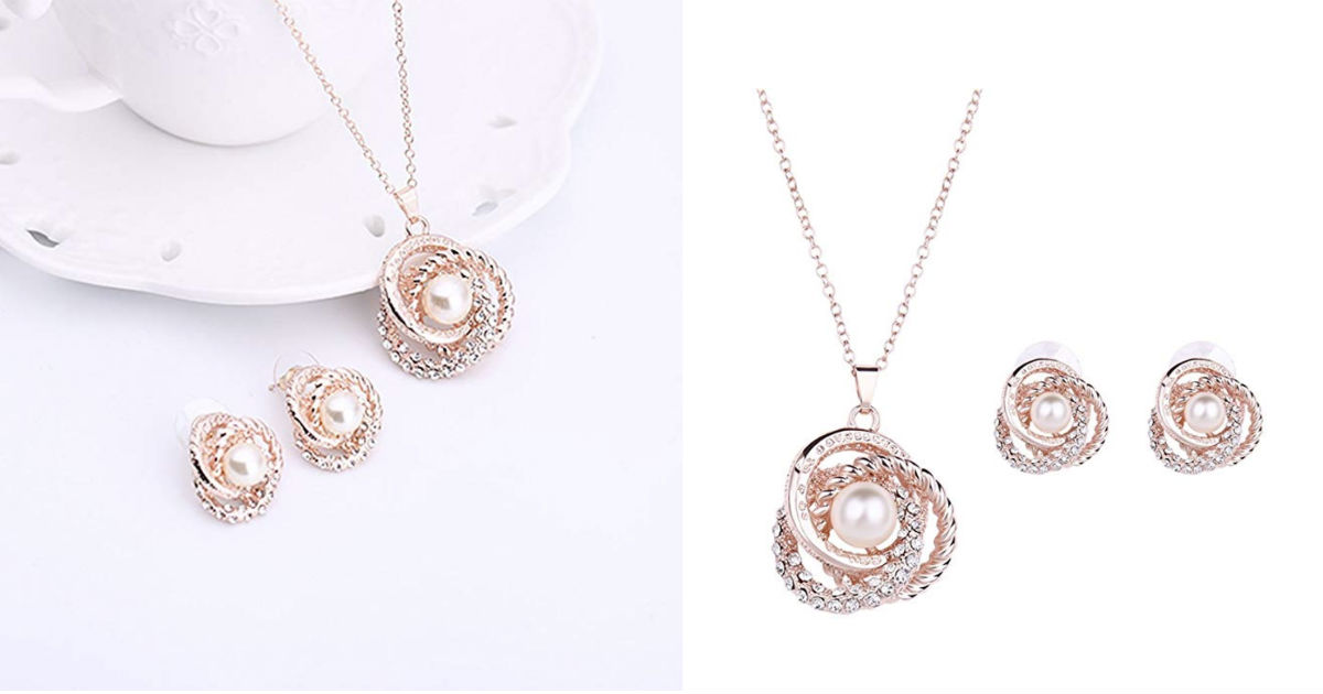 Rhinestone Faux Pearl Pendant Necklace Earrings ONLY $3 Shipped