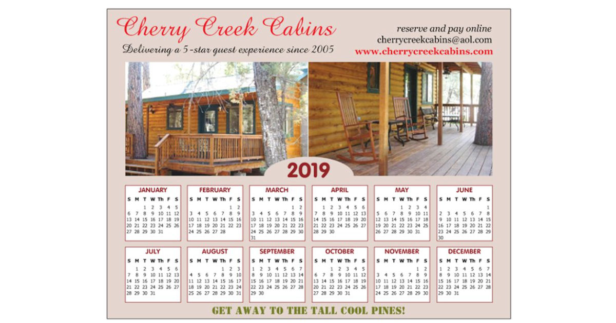 Free 2019 Cherry Creek Cabins Calendar *Select States Free