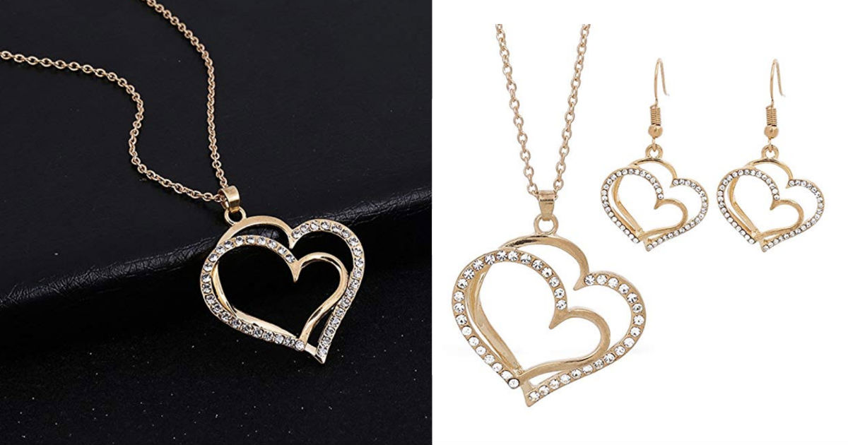 Heart Earrings Rhinestone Pendant Necklace ONLY $3.23 Shipped