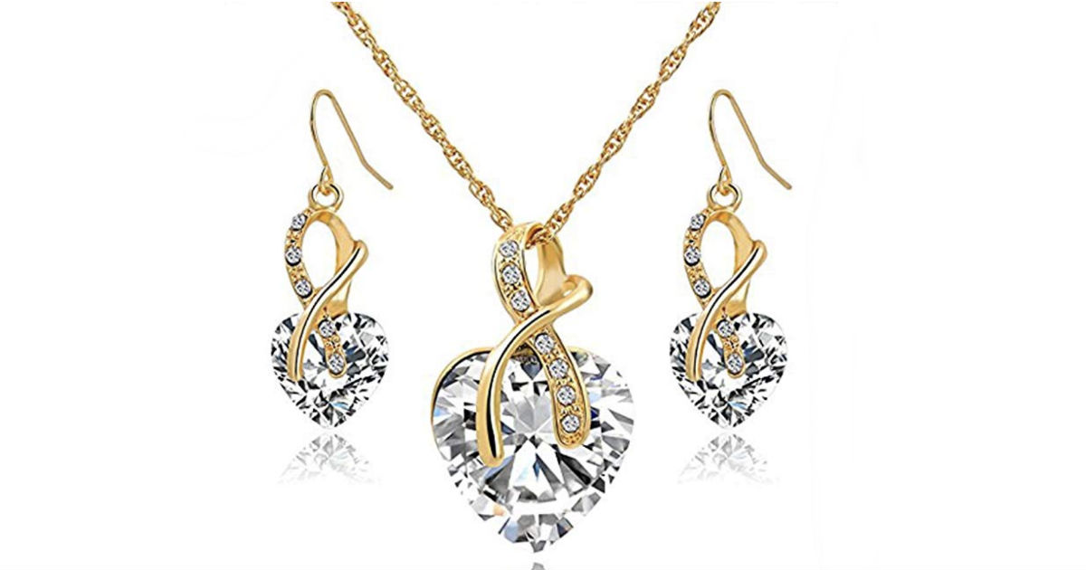 Crystal Heart Necklace Earrings Jewelry Set ONLY $3 Shipped