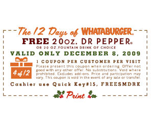 Whataburger - Coupon for a FREE Drink December 8th Only - Free Product Samples