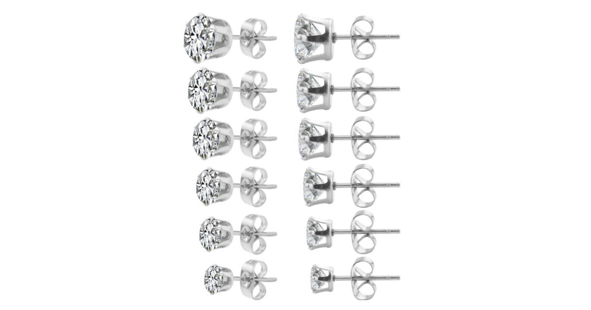 Round Cubic Zirconia Women Earrings 6-Pair Set