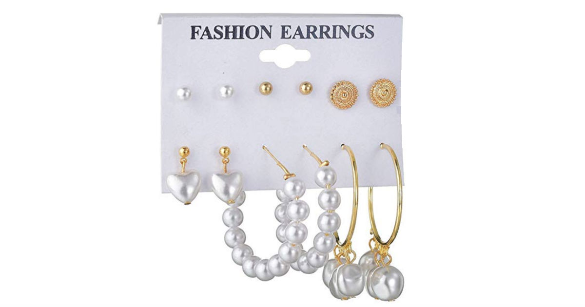 Pearl Studs Hoop Earrings 6-Pairs ONLY $3 Shipped