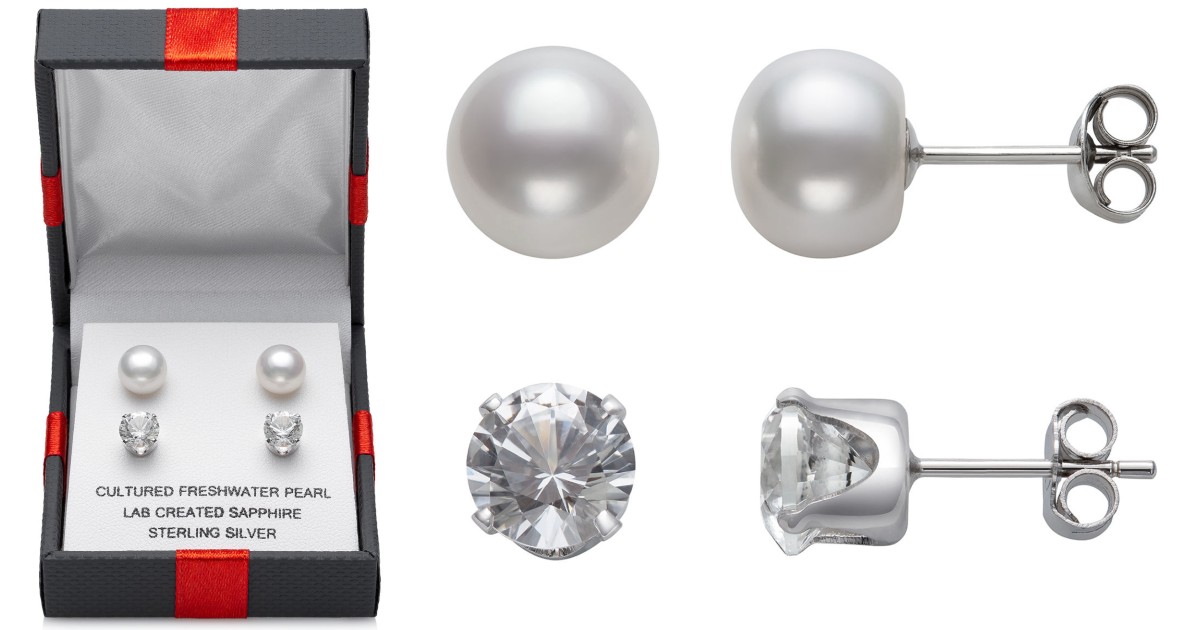 White Sapphire & Cultured Pearl 2-Pair Stud Earrings 