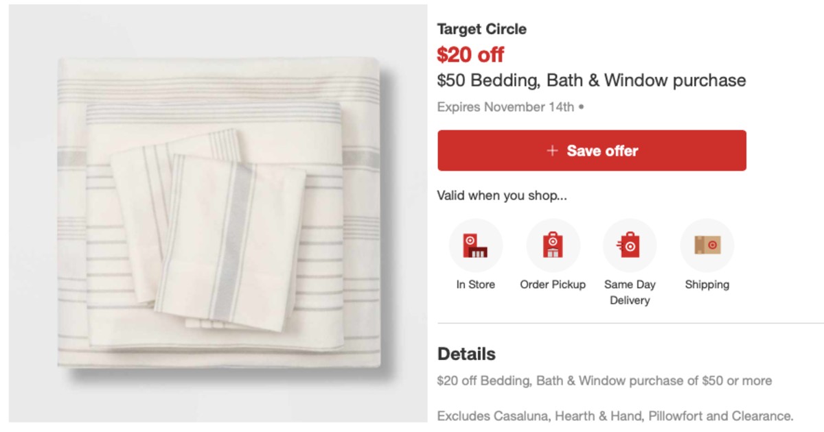 $20 Off $50 Bedding Coupon at Target