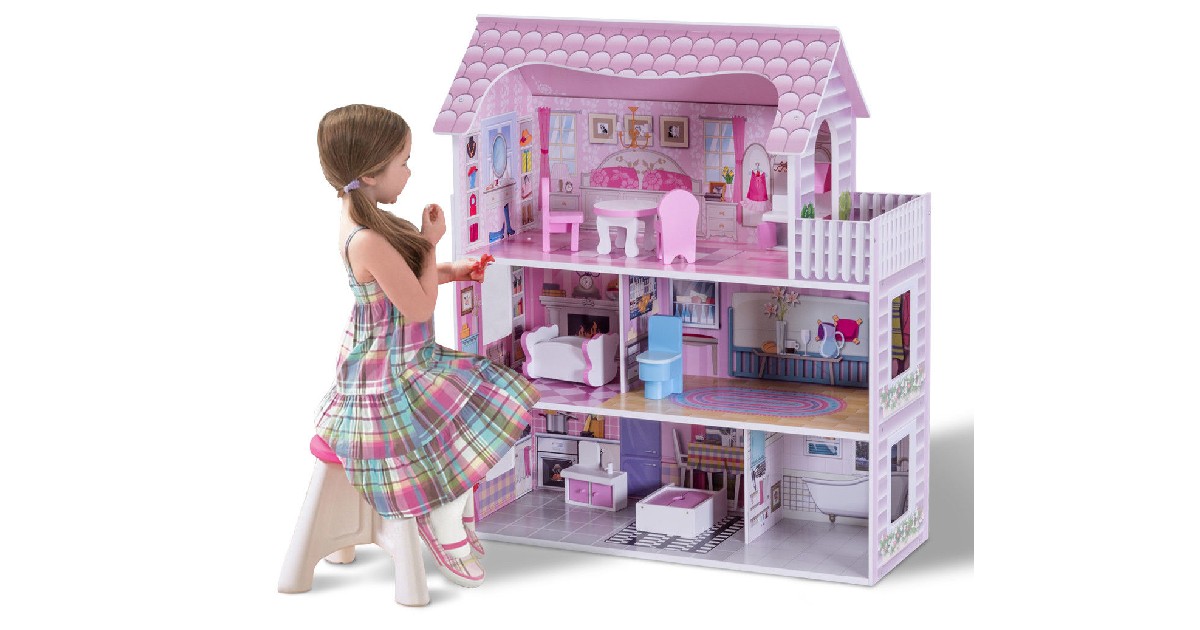 Gymax Pink Dollhouse with Furn...