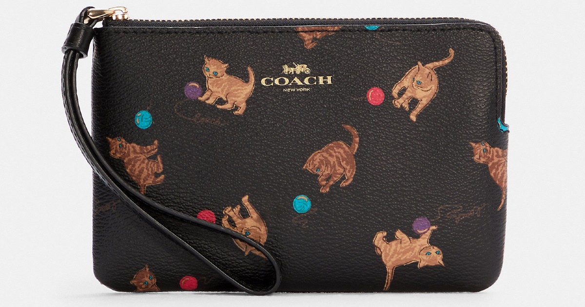 Coach Corner Zip Wristlet With Cat Print