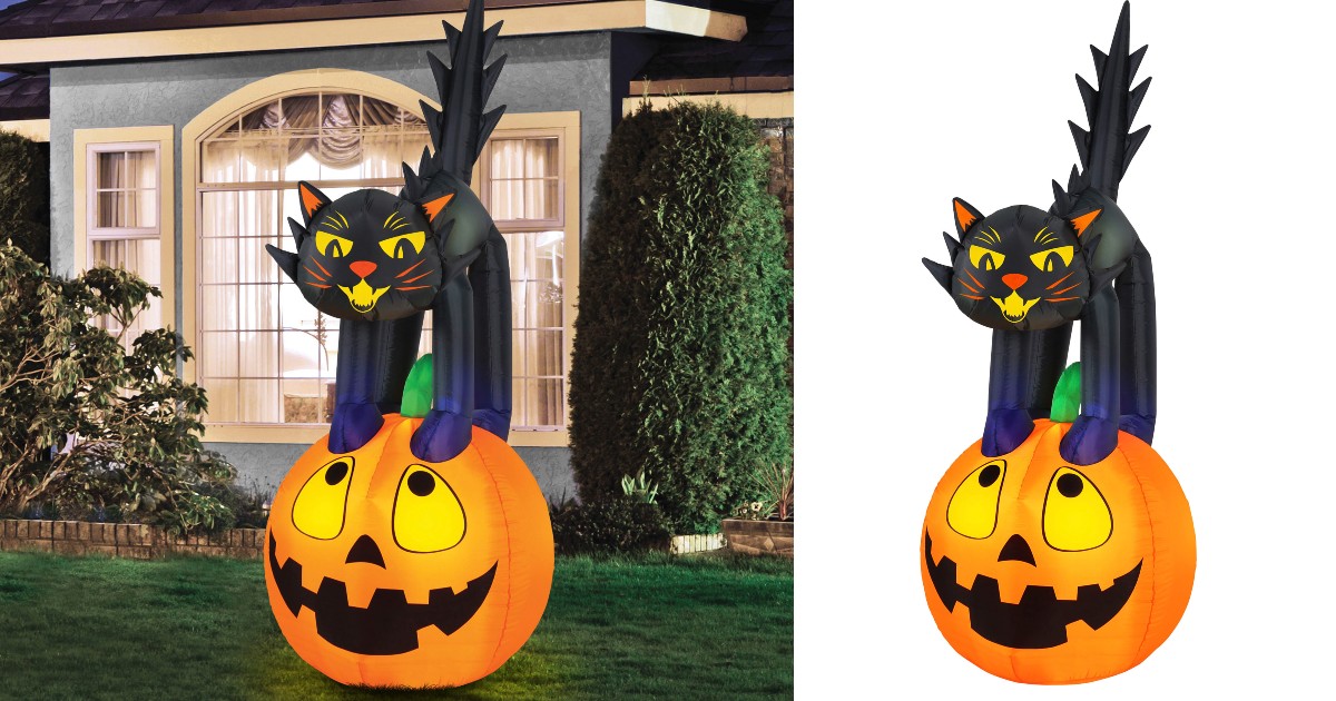 Inflatable Black Cat on Pumpkin 7-Ft
