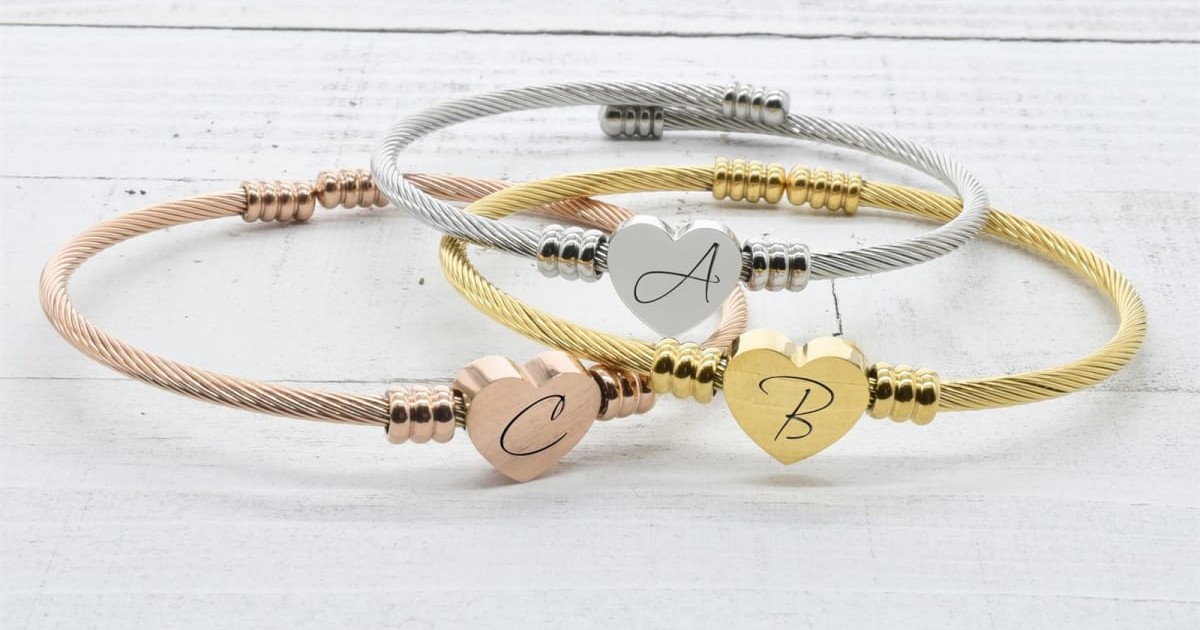Heart Cable Initial Bracelet By Pink Box
