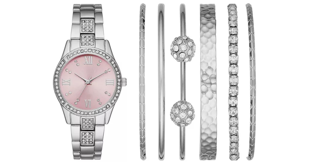 Silver-Tone Bracelet Watch Gift Set