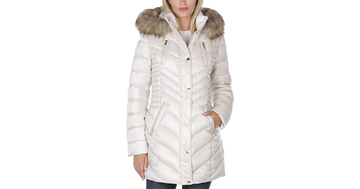 Puffer Jacket with Faux Fur Hood at Amazon