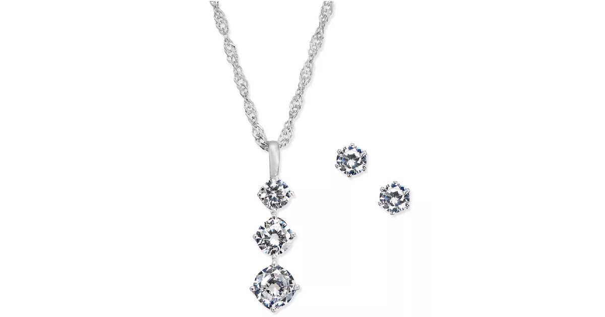 Crystal Pendant Necklace & Stud Earrings Set