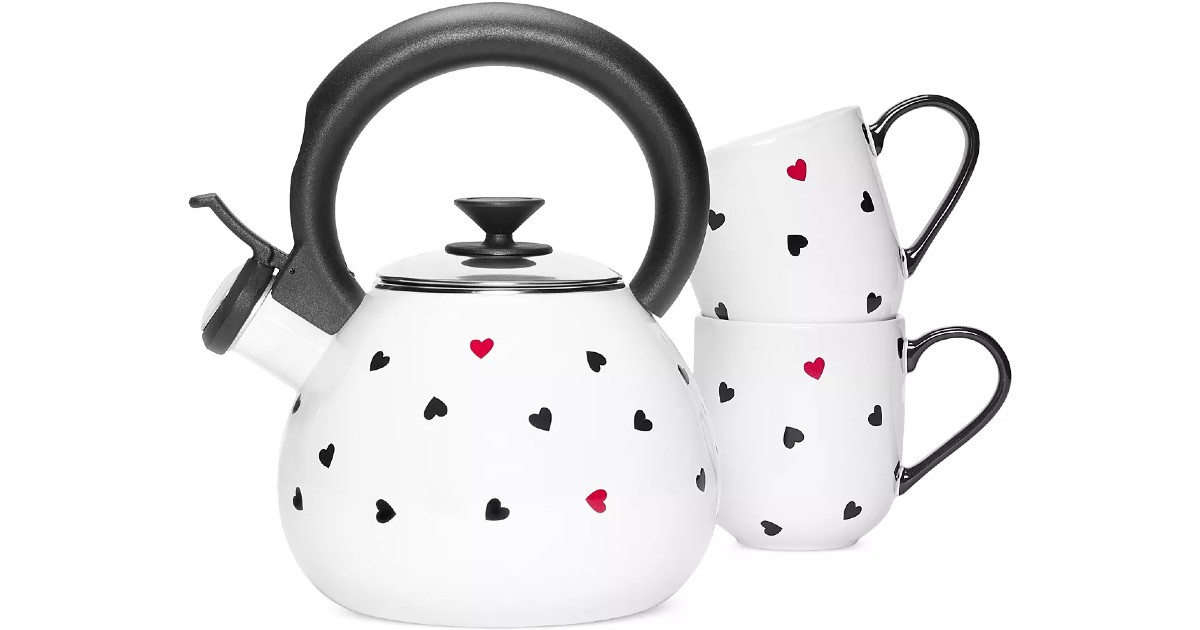 Heart-Print Tea Kettle & Stoneware Mugs Set